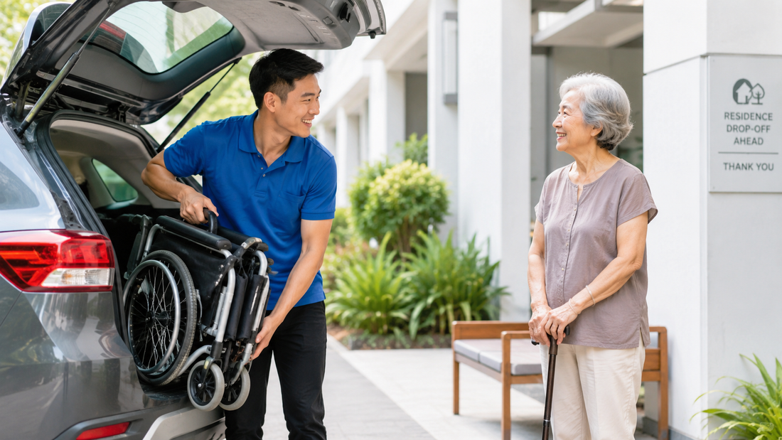 Lightweight wheelchair rental in Singapore folded into car boot for easy transport
